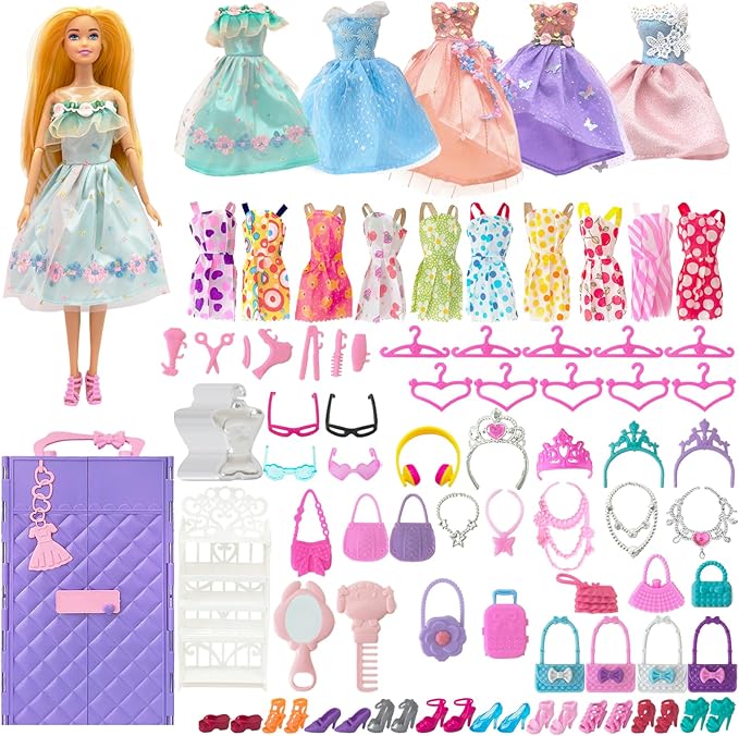 122 Pcs Doll Closet Playset with 11.5 Inch Dolls, Clothes and Accessories, Include Princess Dresses Shoes Bags Hangers Shoe Rack Doll Other Accessories, Dress Up Toys for Girls, Kids, Toddler (Purple)