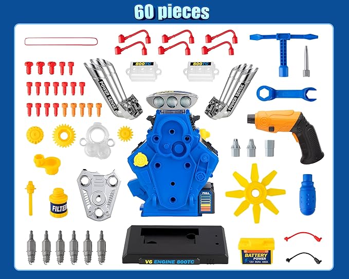 STEM New V6 Engine Model Building Kit,60-Piece Take Apart Toy with Realistic Lights & Sounds, Tools - Mechanic Repair Playset for Kids Ages 3-5