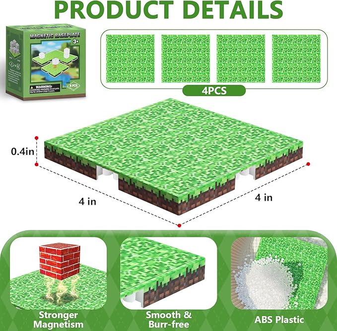 Magnetic Blocks Baseplate - Magnet Toys for Kids, 4PCS Baseplate for Minecraft Magnetic Building Blocks Placing 4" x 4", STEM Toys Birthday Gifts for Boys Girls Age 3+ Years Old, Grassland