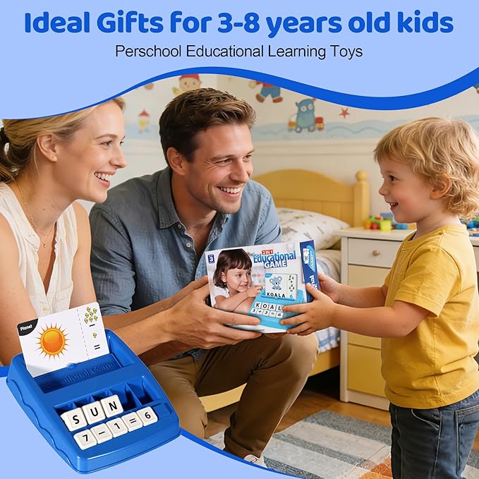 2 in 1 Kids Educational Toys, Spelling & Math Learning Game with Flash Cards Letter Cubes Number Blocks Matching Tray, Montessori Preschool Learning Toys for Toddlers Ages 3-8 Boys Girls