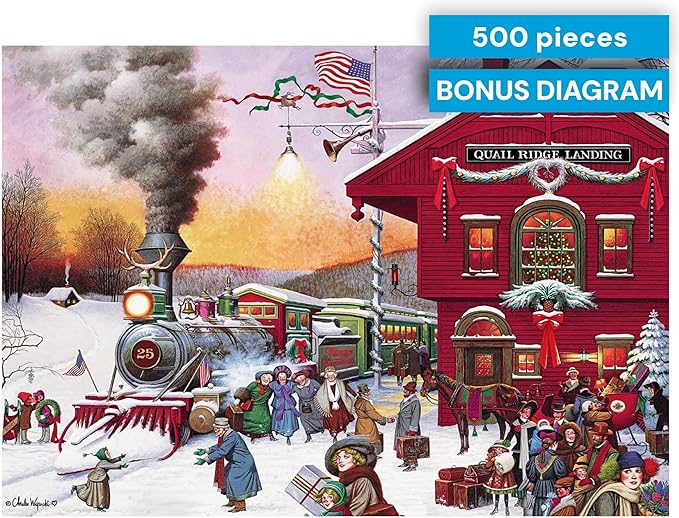 Buffalo Games - Whistle Stop Christmas - 500 Piece Holiday Puzzle for Adults - Charles Wysocki Jigsaw Puzzles - Festive Train Scene with Poster – 500 Colorful Pieces