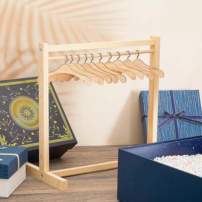 Civaner 22 Pcs Doll Garment Rack with Wooden Clothes Hanger for 18 Inch Girl Doll Clothes Mini Hangers Wardrobe Furniture Accessories for Dollhouse Baby Shower Supplies (Wood)
