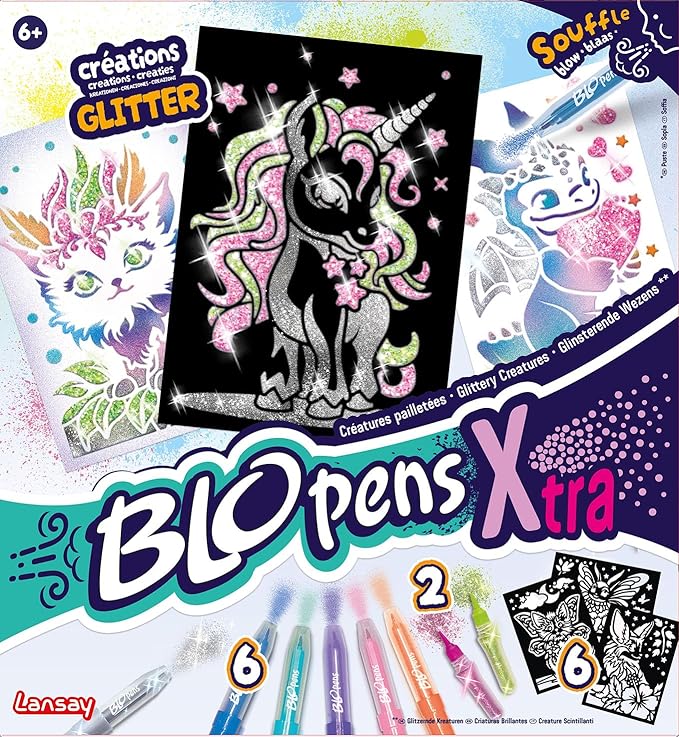 Lansay - BLOPENS X-TRA - Sparkling Creatures Set - Painting Set Made of Dandelion Felt with Reusable Stencils and Glitter Tubes - Gift Idea for Children from 6 Years - 6 Fantastic Drawings