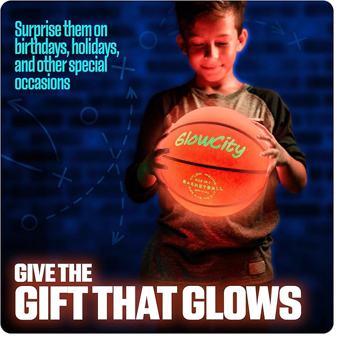 GlowCity Glow in The Dark Basketball - Size 5, 6, 7 Light Up Ball for Kids, Teens & Adults - Night Outdoor Games - Sports Birthday Gifts Ideas for Boys Ages 6 7 8 9 10 11 12 13 14 15