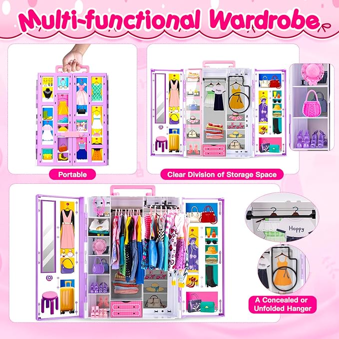 160+ Pcs Doll Closet with 11.5 Inch Doll Clothes and Accessories Set, Camping Set, Princess Dresses, Camping Tent, Beach Swim Accessories Set, Diving Suit, Dress Up Toys for Girls Gift