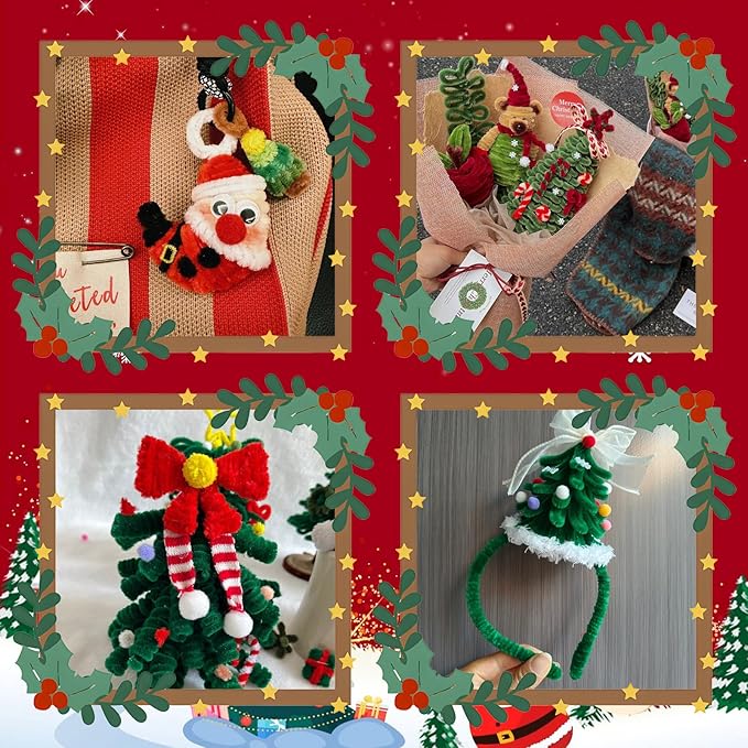 902 Pcs Christmas Pipe Cleaners Set Including 320 Pcs Pipe Cleaners 300 Pcs Pom Poms 150 Pcs Wiggle Googly Eyes Self Adhesive 120 Pcs Bells 12 Pcs Bows for Christmas Decoration DIY Art Supplies
