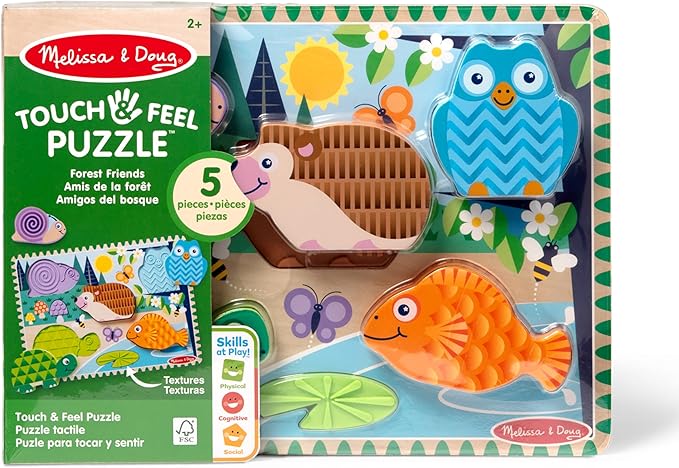 Melissa & Doug Forest Friends Touch & Feel Wooden Puzzle, 5-Piece Chunky Toddler Puzzles with Animals & Textured Silicone Puzzle Board Inlays, Preschool Toys for Girls & Boys Ages 2 and Up