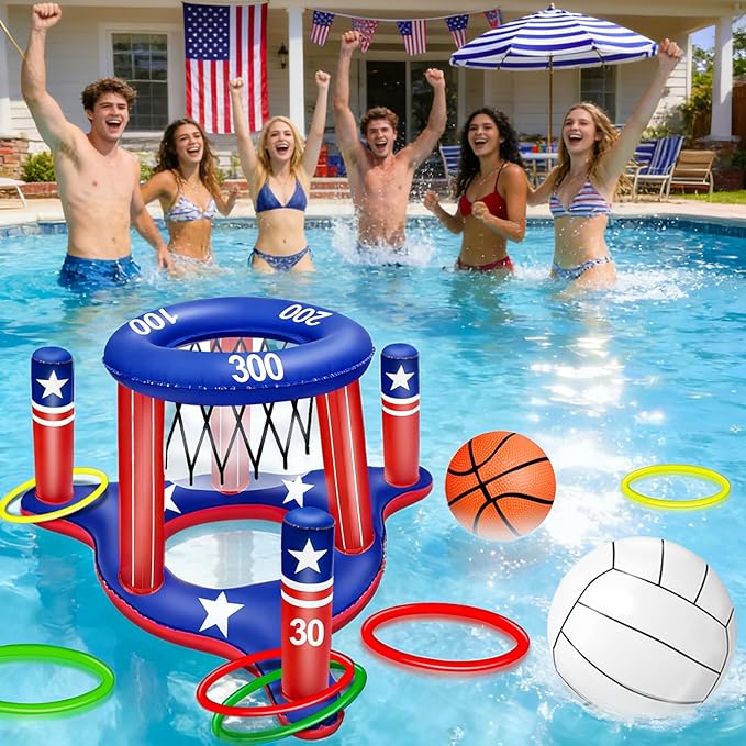 4th of July Pool Games Set, Volleyball Net & Basketball Hoop & Ring Toss, 250th Anniversary 3-in-1 Large Inflatable Water Sport Game Toys for Multi-Player Adults American Flag Swimming Summer Party