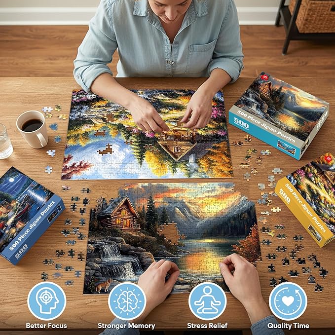 3 Pack Puzzles for Adults 500 Pieces, Canoe Lake and Night View Jigsaw Puzzles 500 Pieces for Teens Seniors, Challenging Cabin Sunset Puzzle for Game Night, for Outdoor Nature Lovers
