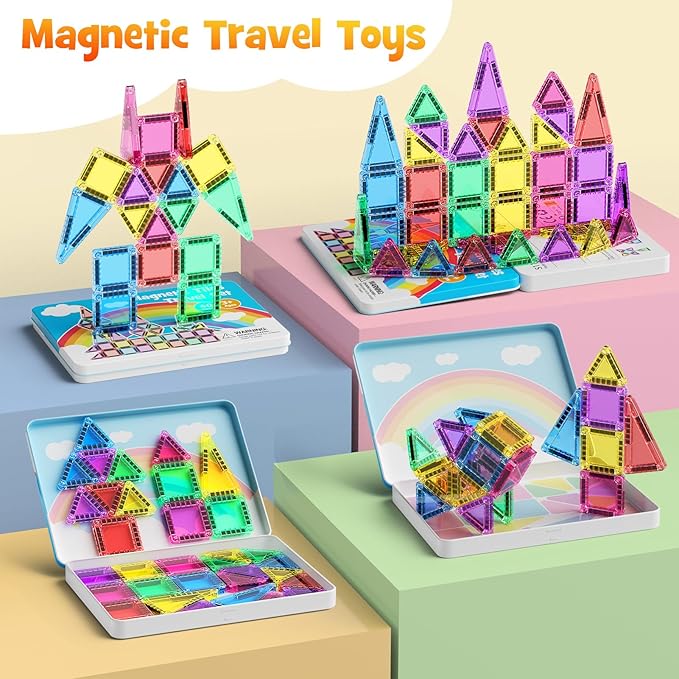 40 Pieces Magnetic Tiles for Kids Ages 4-8, Travel Magnetic Building Blocks Set with Iron Box, STEM Outdoor Kids Toys Gift for Boys & Girls 3+ Year Old, Pocket-Sized Classroom Must Haves