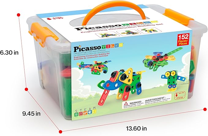 PicassoTiles 152pc STEM Construction Toy Building Set for Kids Ages 3+ Includes Power Drill, Ratchet, Idea Book, Storage Box Educational Engineering Science Kit & Sensory Toys for Boys & Girls PTN152