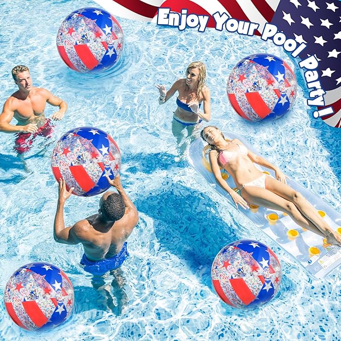 12 Pack 4th of July Sequins Beach Balls 16" Patriotic Flag Pool Ball American Party Decoration PVC Jumbo Sport Ball for Adults Independence Day Summer Beach Swimming Pool Water Game Party Favor