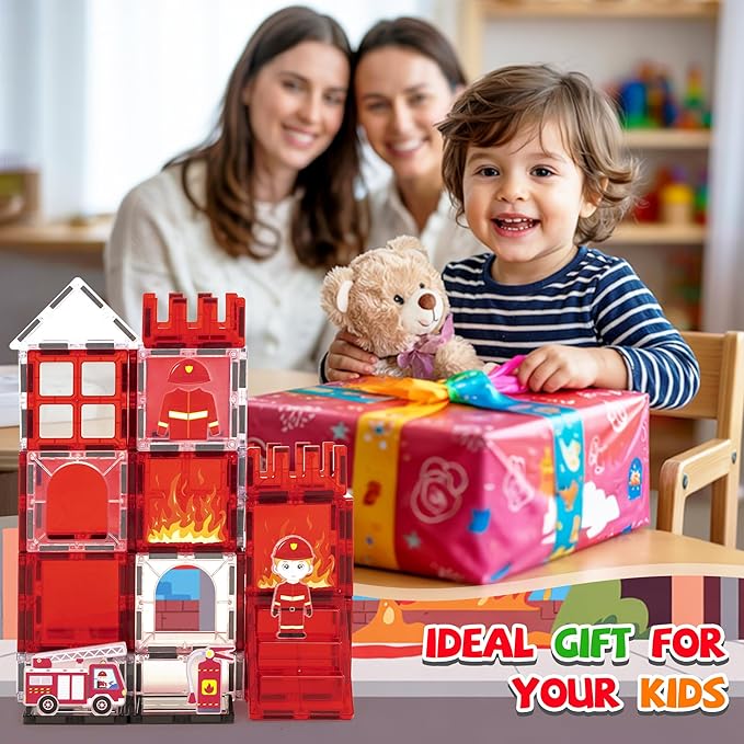 cossy Magnetic Tiles Firefighter Set, Magnet Tiles with Firefighter, Magnetic Tiles for Kids Ages 4-8, STEM Toys, Toys for 3 4 5 6 7 8 Year Old Boy and Girl, Creative Building Toys, Firefighter