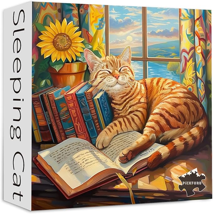 Cat Puzzles for Adults 1000 Pieces, PICKFORU Animal Kitten Jigsaw Puzzles Funny Sleep Kitty, Difficult Unique Book Puzzle for Cat Lovers