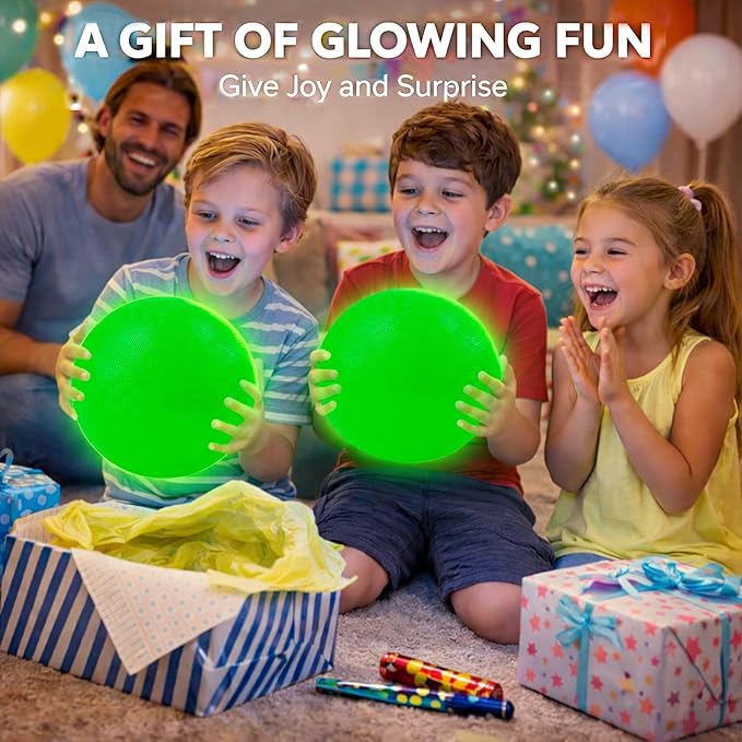 Glow in The Dark Ball 2 Pack, 8.5 Inch Light Up Kickball Playground Ball with 2 Mesh Bags & Hand Pump,No Battery Needed,Charge by Sunlight or Indoor Light, Green Luminous Rubber Bouncy Balls,Gift Box