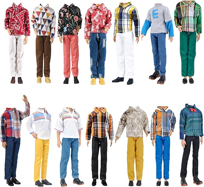 E-TING 15pcs Fashion Clothes Pack = 5pcs Casual Outfit + 5pcs Pants +5 Pairs Shoes for 12inches Boy Doll Random Style (Green Bomber Jacket + Daily Suit + Swimwear)