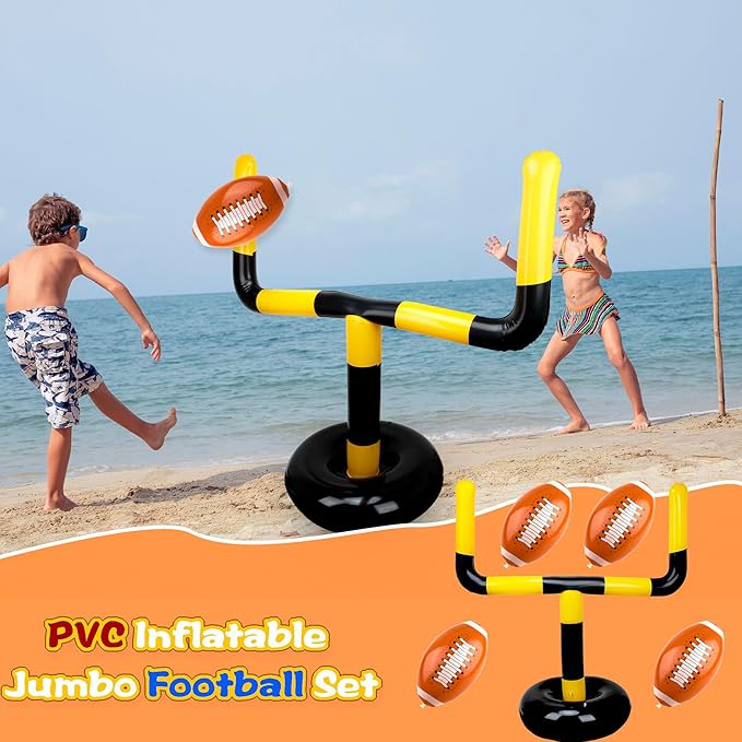 4 Pcs 63 Inch Inflatable Jumbo Football Set Include 1 Pcs Football Goal Post and 3 Pcs Football Balls for Football Party Game Water Playing Outdoor Sport Toys