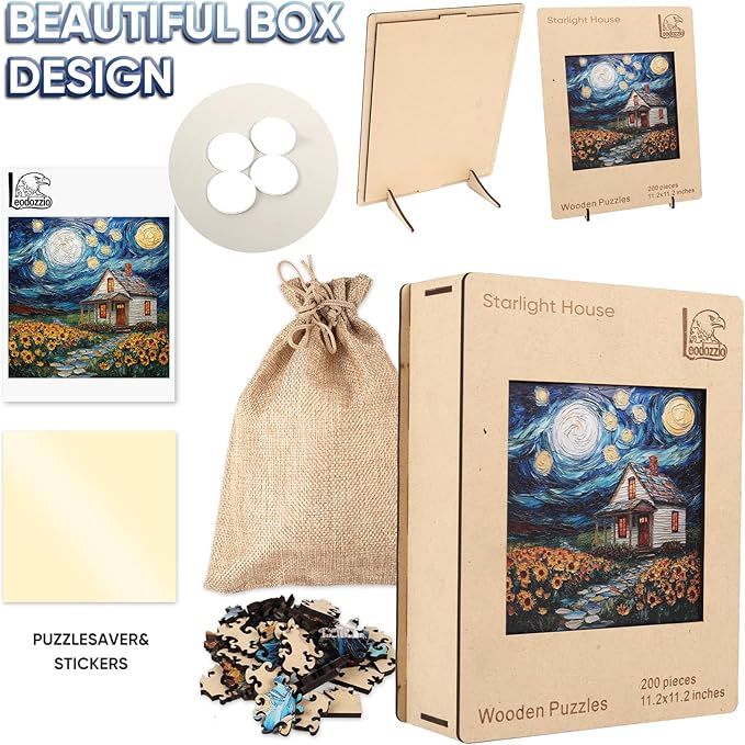 Leodozzio Wooden Puzzles for Adults, Starlight House Jigsaw Puzzles 200 Pieces, 5MM Thick Unique Shaped Animal Wooden Puzzle, Perfect Choice for Gifts, Wall Art Room & Artistic Home Decor, 11.2"x11.2"