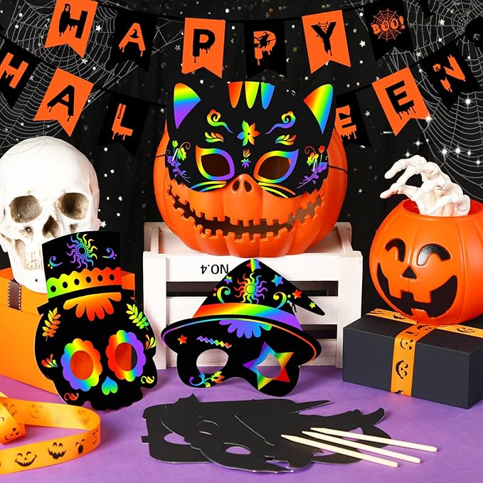 AUGSUN Halloween Crafts, 36pcs Scratch Art Mask Rainbow Magic Scratch Paper Mask Halloween Mask Crafts for Party Favors