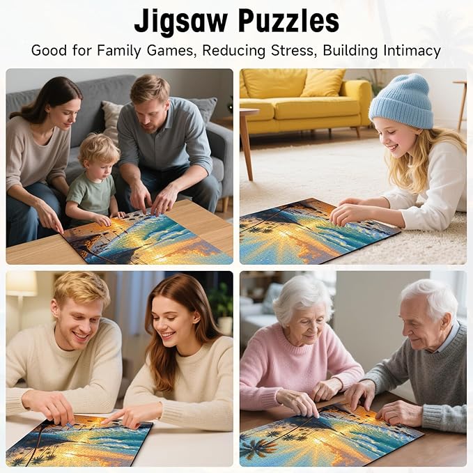 Seaside Puzzles for Adults 1000 Pieces, Tropical Beach Jigsaw Sunset Palm Trees Ocean Waves, 28x20 Inch Coastal Puzzle with Letters on Back, Wall Art, Relaxing Family Game, Easter