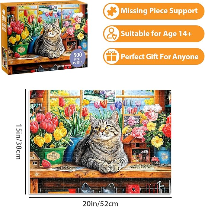 Puzzles for Adults 500 Pieces,Cute Cats Puzzle for Adults,Flower & Kittens Jigsaw Puzzles,Recyclable Cardboard Puzzles for Seniors Teen,Puzzle for Family Game Nights, 20.5x15 in