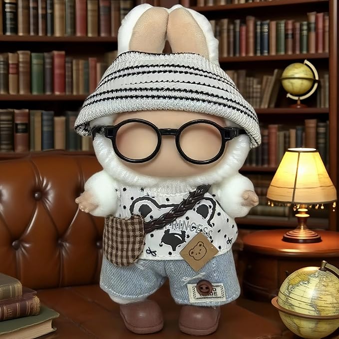 17cm Doll Clothes – 6-Piece Set, Hat + Overalls + Shirt + Backpack + Glasses + Shoes, Cute and Premium Dolls Outfit Accessories (White Bear)