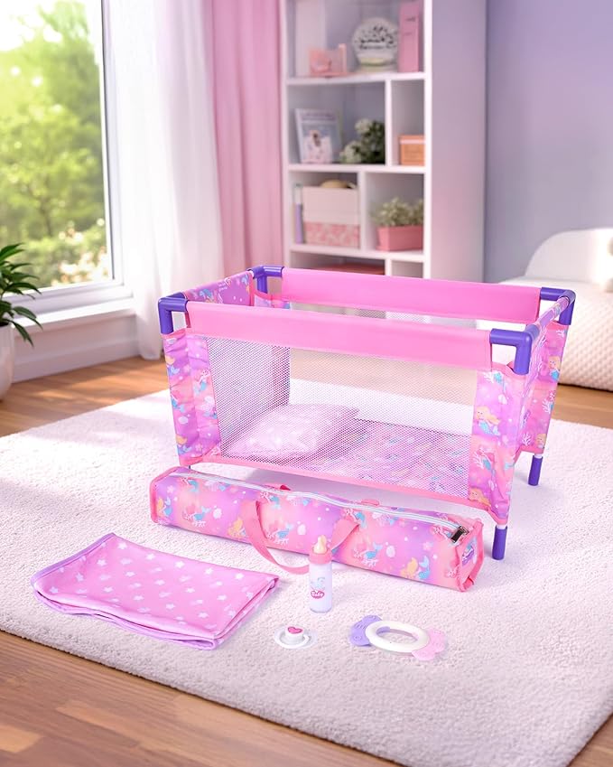 BABESIDE Baby Doll Crib Playset with Bedding & Accessories, Portable Baby Doll Crib for 18 Inch Dolls, Pretend Play Gift for Girls