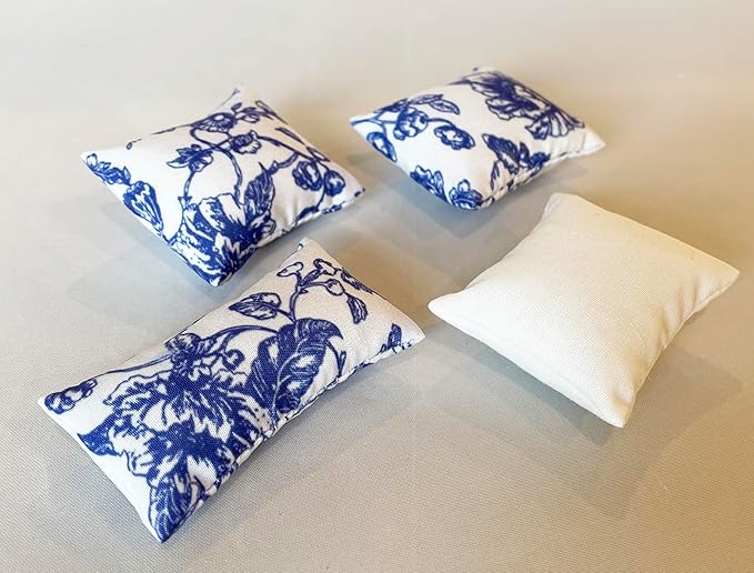 1:12 Scale Dollhouse Bedding Set for 6-Inch Dolls, 5-Piece Comforter, Pillows & Blanket, Realistic Mini Bedroom Accessories, Blue Floral & White Design