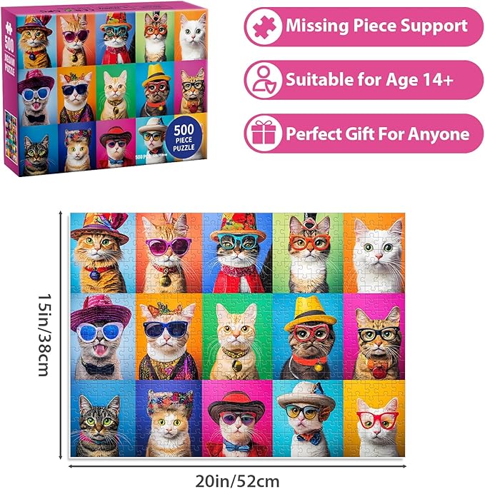 500 Piece Puzzles for Adults, Cats Jigsaw Puzzle for Adults Seniors, Recycled Cardboard Puzzle 500 Piece, Family Activity Great Gift for Family Friends 20.5 * 15 inch