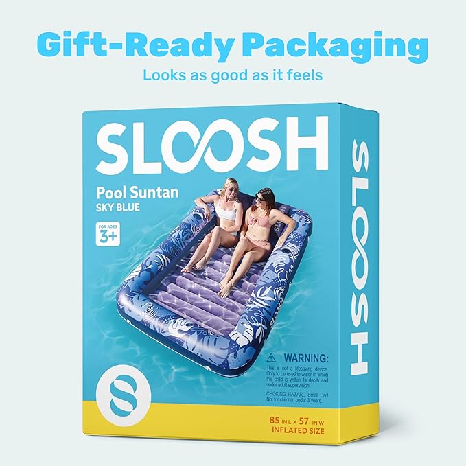 SLOOSH Inflatable Tanning Pool Lounger Float, 85" x 57" Extra Large Pool Floats Adult with Pillow, 4 in 1 Suntan Tub Raft Floatie,Sunbathing Bed Lounge for Water Blow Up Ball Pit, XL-Dark Blue