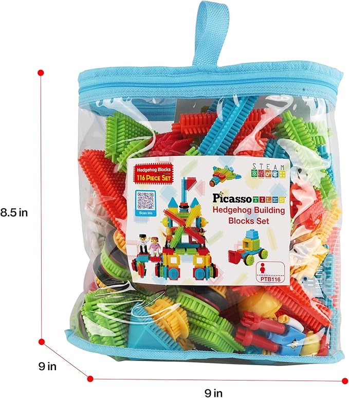 PicassoTiles 116pc Hedgehog Building Blocks Construction Toy Set with Interlocking Tiles Idea Book 4 Action Figure Characters and Decorative Eyes STEM Educational Playset for Kids Ages 3 Plus PTB116