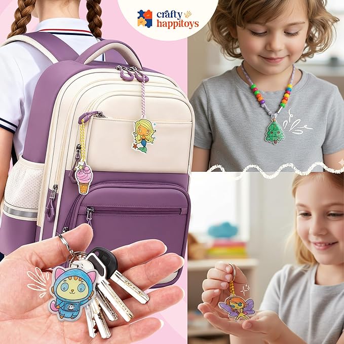 CRAFTY HAPPITOYS Shrink Art Sheets - Craft Kit for Kids - Art and Craft for Kids - Shrink Plastic Sheets with 30 Pre Cut Charms - DIY Jewelry Making - Keychain Activity - Shrinky Kit 70pc