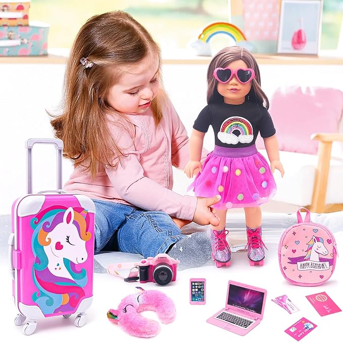 HAPGFS American 18 Inch Doll Accessories Travel Set Including Suitcase Luggage and Dress, Camera Computer Phone Neck Pillow Sunglasses Dolls Travel Gear Play Set Gift for Birthday (NO Doll)