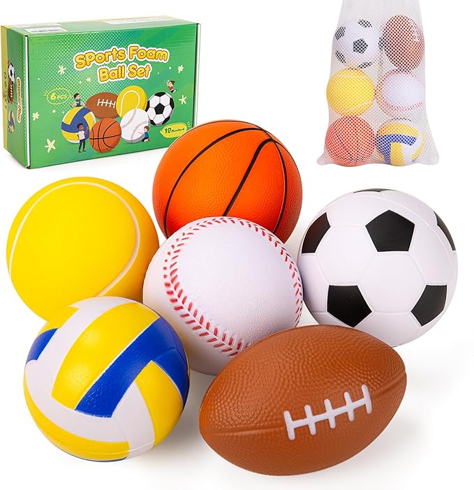 EVERICH TOY Soft Foam Sports Balls Set for Babies Toddlers, 6 Pack 3.5" Small Multi Ball Including Basketball Soccer Baseball Tennis Volleyball Football, Indoor Outdoor Play Toy Gift for Boys Girls