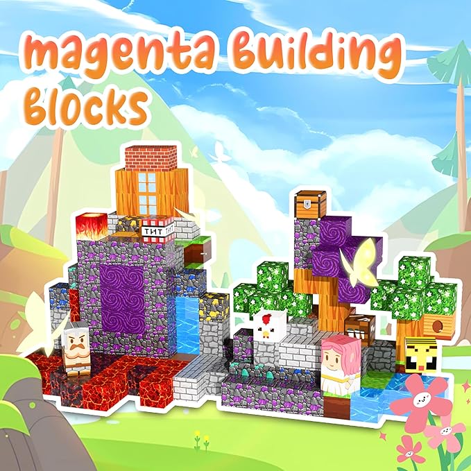 100PCS Magnetic Building Blocks Set – 0.8in Pixel World Construction Toys, Universal Compatibility, STEM Creative Play Set for Kids Ages 3+, Grass, Lava & Portal Scenes