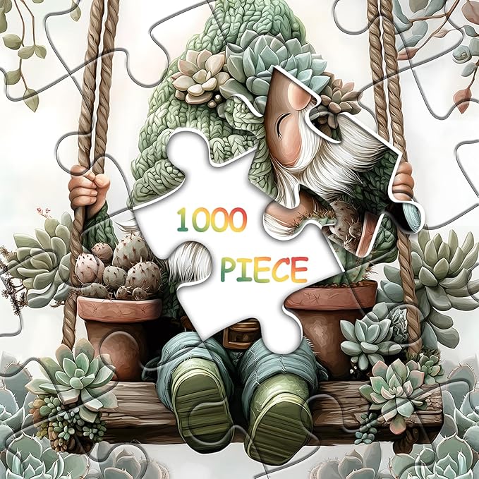 Cute Gnome Puzzles for Adults 1000 Piece, Nature Cactus Succulent Plant Themed, Funny Spring Gnome Jigsaw Puzzles Challenging