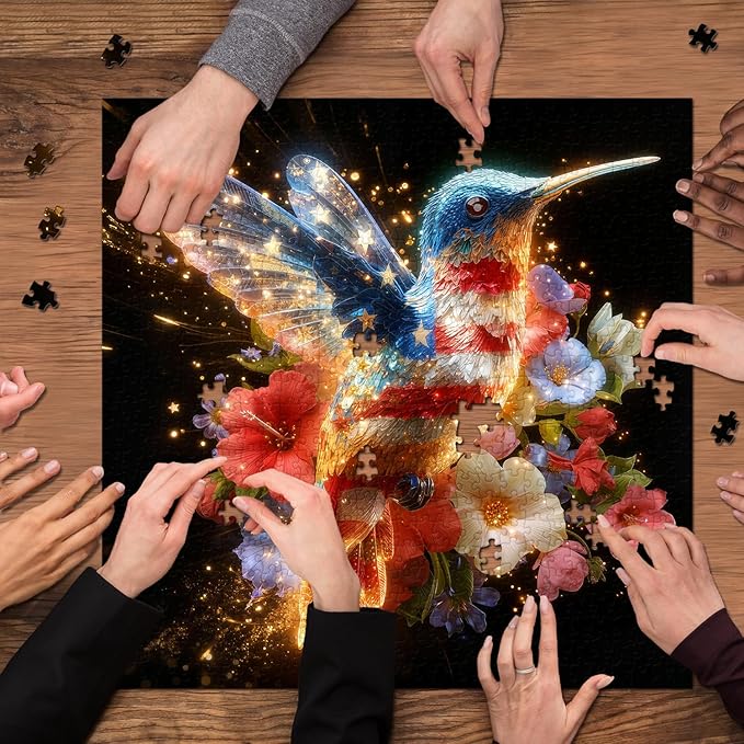 American Flag Hummingbird Puzzles for Adults 1000 Pieces, USA Patriotic Bird Jigsaw Puzzles, United States Freedom Floral Animal Puzzle