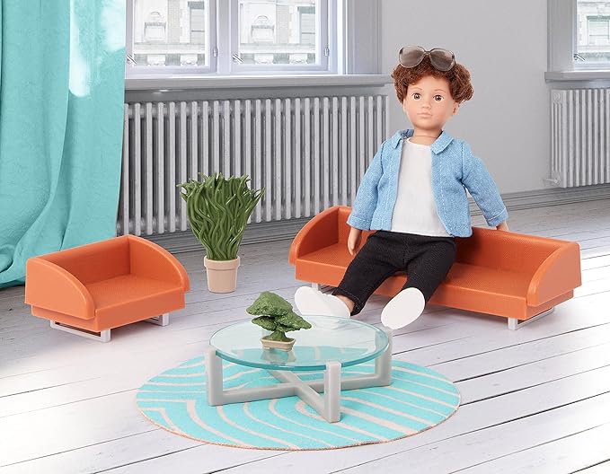 Lori – Mini Boy Doll & Toy Living Room Furniture – 6-Inch Boy Doll & Dollhouse Accessories – Sofa, Armchair, Coffee Table, Rug, Plants – Play Set for Kids – 3+ Years– Miguel's Lounge Set