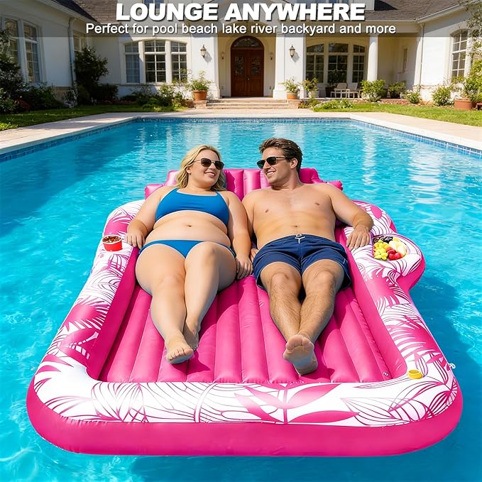 83" X 60" Inflatable Tanning Pool Lounger Float with Sprinkler, Extra Large Pool Float Adults with Pillow, 6 in 1 Suntan Tub Raft Floatie Toys with Drink Holder Sunbathing Water Filled Tanning Bed