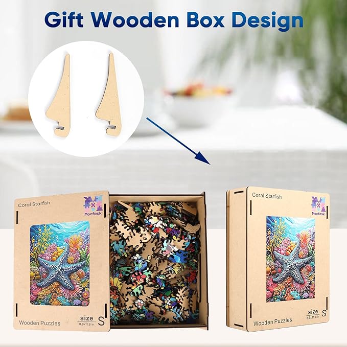 Mocfesk Wooden Puzzles for Adults, Starfish Wooden Puzzles 200 Pieces, Unique Shaped Underwater Ocean Jigsaw Puzzles for Adults and Kids, Birthday Gifts Fun Family Game 11.8 x 8.8 in