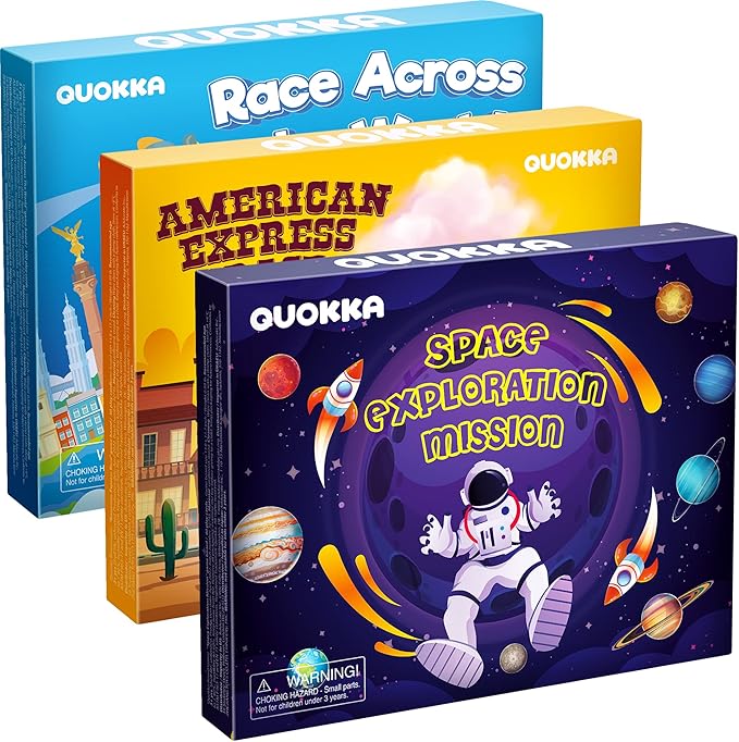 QUOKKA 3X Set Learning Board Games for Kids 8-12 - Educational Trivia Cards Ages 6-8 - Travel United States - World Map - Explore Outer Space - Gift for Children and Teens 4-8 - Jigsaw Puzzles