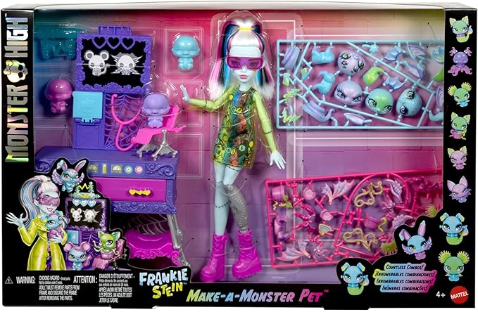 Monster High Make-A-Monster Pet Playset, Frankie Stein Doll and 30+ Accessories for Countless Pet Combos, Mad Science Lab Furniture