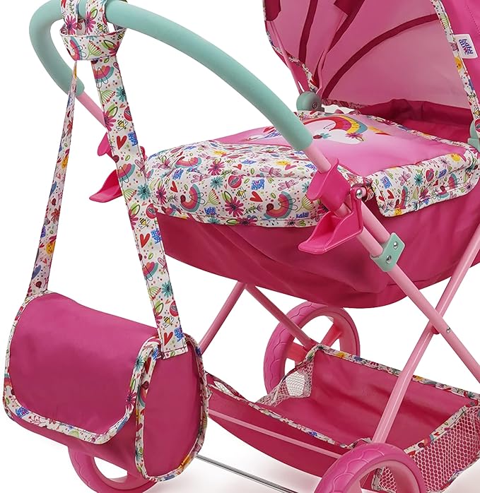 Baby Alive Deluxe Doll Pram - Pink & Rainbow - Includes Handbag, Fits 18" Dolls, Large Canopy, Storage Basket, Bassinet - Pretend Play for Kids Ages 3+