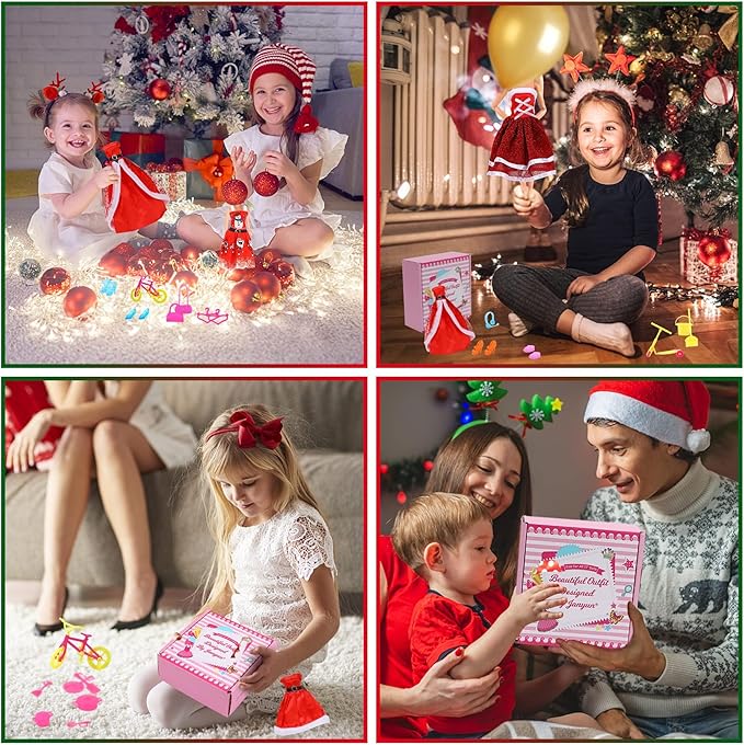 JANYUN Dresses Accessories, 6 Styles Christmas Doll Clothes with 6 Pcs Xmas Hats Party Gown Outfits Set for Doll and 98pcs Girl Dolls Shoes Necklace Bags Hanger Tableware Mirror