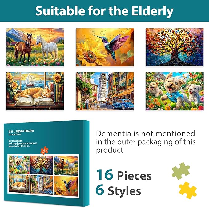 Biarek 6 Packs 16 Large Piece Puzzle for Seniors, Alzheimer's & Dementia Activities, Easy Puzzle, 6 Storage Bags