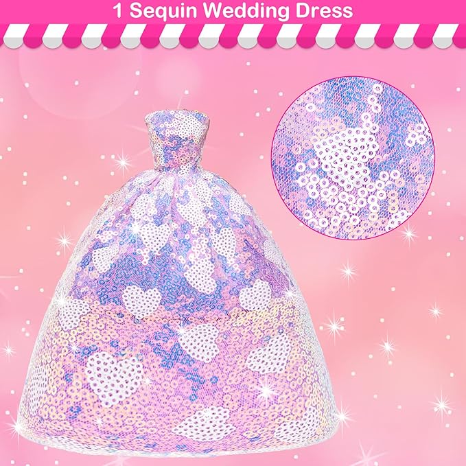 BARWA 37 Pcs Doll Clothes and Accessories for 11.5 Inch Girl Dolls Including 1Sequin Wedding Gown, 5 Tops 5 Pants, 4 Fashion Dresses, 2 Swimwear, 10 Hangers, 5 Pairs of Shoes, Bags, Glasses, Camera
