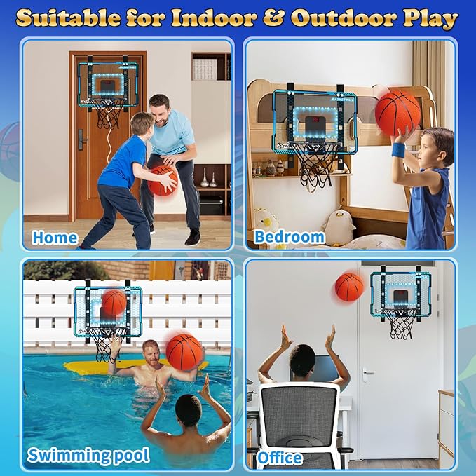 Adjustable Height Basketball Hoop Indoor with LED Lights, Basketball Toys Gifts for 5 6 7 8 9 10+ Year Old Boys Kids, Indoor Over The Door Mini Basketball Hoops with Electronic Scoreboard & 3 Balls