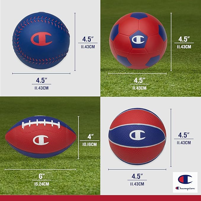 Champion All-Weather Mini Sports Balls (Pack of 4, Red/White/Blue), Rubber & PVC-Cover Soccer, Basketball & Football & Baseball, Durable Construction for Backyard, Playground, School, and Indoor Play