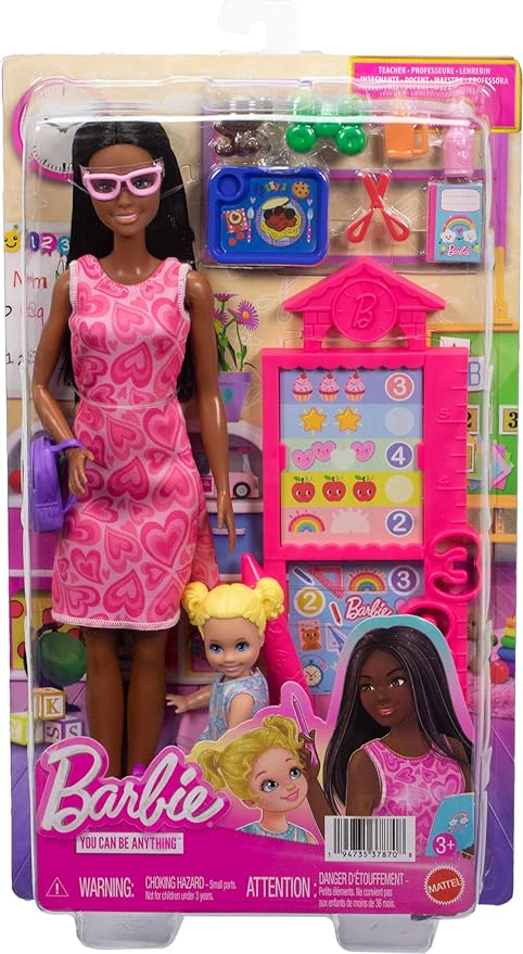 Barbie Careers Teacher Playset with Fashion Doll Wearing Removable Dress, Toddler Small Doll, Classroom Board & Accessories