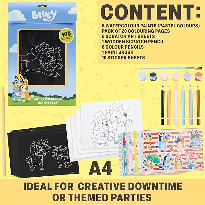 Bluey 4-in-1 Art Kit for Kids with Coloring Pages, Scratch Art, Watercolors, Stickers & Pencil, Fun DIY Craft Supplies Set, Gifts for Kids (Multi 4-in-1 Set)